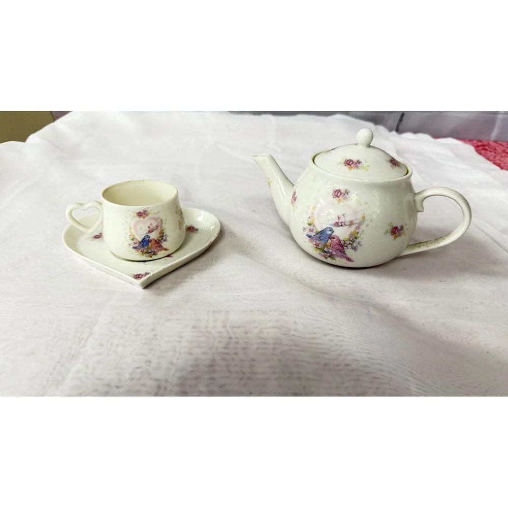 Morgana Collection Fine China Tea Set Heart Saucer Lovebirds Floral 3 Piece